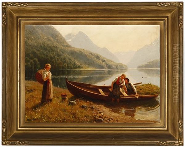 Jealousy And Love, Figures Frolicking By Lakeshore Oil Painting by Hans Dahl