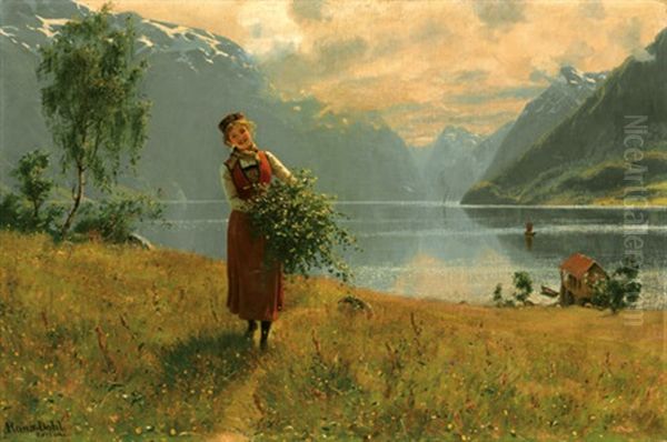 Junges Madchen Mit Birkenzweigen Vor Einem Norwegischen Fjord Oil Painting by Hans Dahl