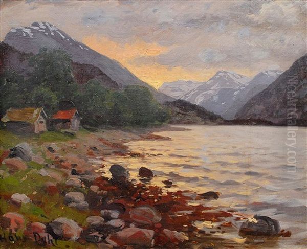 Norwegische Seenlandschaft Im Abendlicht Oil Painting by Hans Dahl