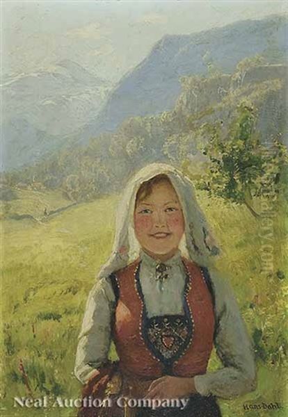 Young Girl In Festive Regional Costume, In A Meadow With Farm And Mountains Behind Oil Painting by Hans Dahl