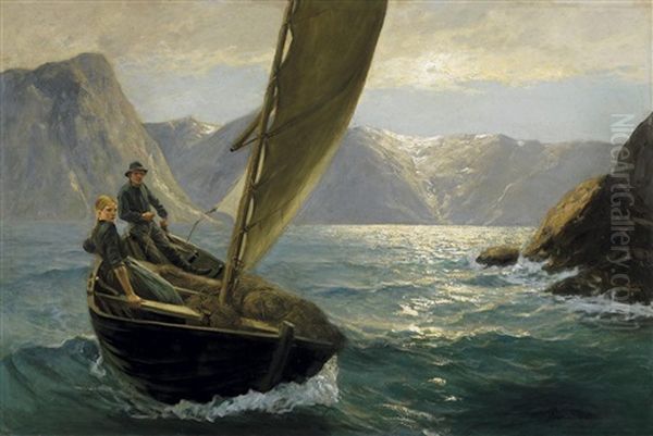 Die Uberfahrt. Bauernpaar In Seinem Boot Auf Einem Norwegischen Fjord Oil Painting by Hans Dahl