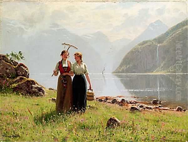 Flickor I Fjordlandskap Oil Painting by Hans Dahl