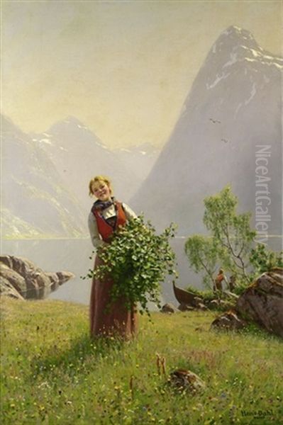 Junges Madchen Mit Birkenzweigen Vor Einem Norwegischen Fjord Oil Painting by Hans Dahl