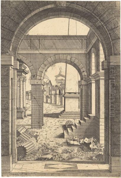 An Architectural Capriccio With Ruins And An Obelisk Oil Painting by Antonio Da Trento