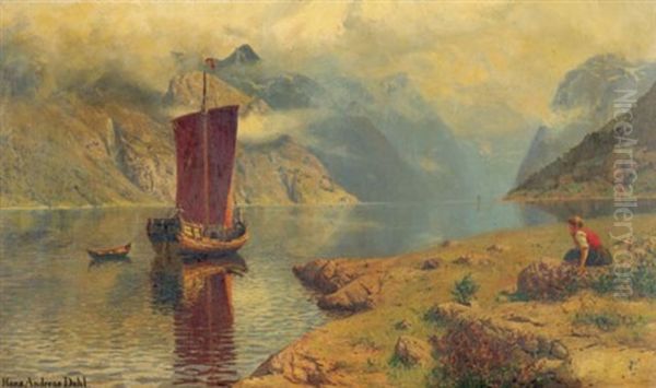 Blick In Einen Norwegischen Fjord Mit Einem Segelschiff Oil Painting by Hans Dahl