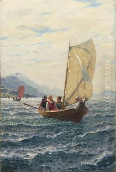 Sonntagliche Bootsfahrt Uber Den Fjord. Die Blonde Junge Frau Im Boot Ist Die Tochter Des Kunstlers Oil Painting by Hans Dahl