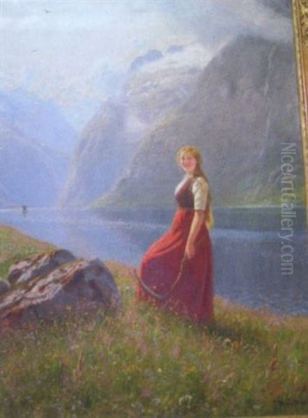 Portrait Of Girl In Alpine Meadow Holding Scythe Oil Painting by Hans Dahl