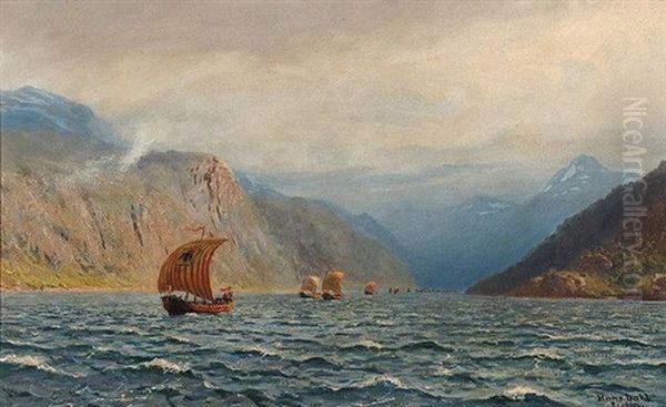 Vikingskipenes Tilvakekomst (the Return Of The Viking Ships) Oil Painting by Hans Dahl