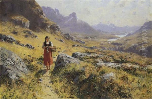 Norwegische Landschaft Mit Strickendem Madchen Oil Painting by Hans Dahl