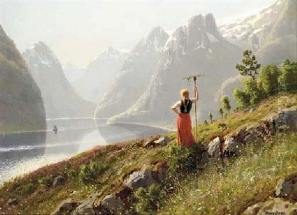 A Young Girl By A Norwegian Fjord Oil Painting by Hans Dahl