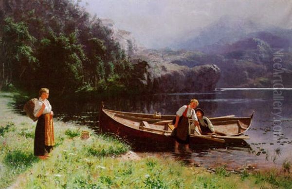 By The Lakeside Oil Painting by Hans Dahl