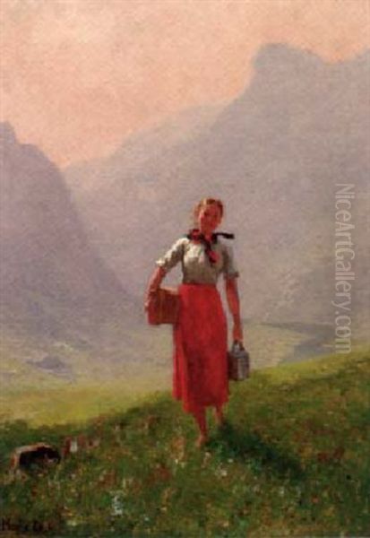 A Milkmaid In The Mountains Oil Painting by Hans Dahl