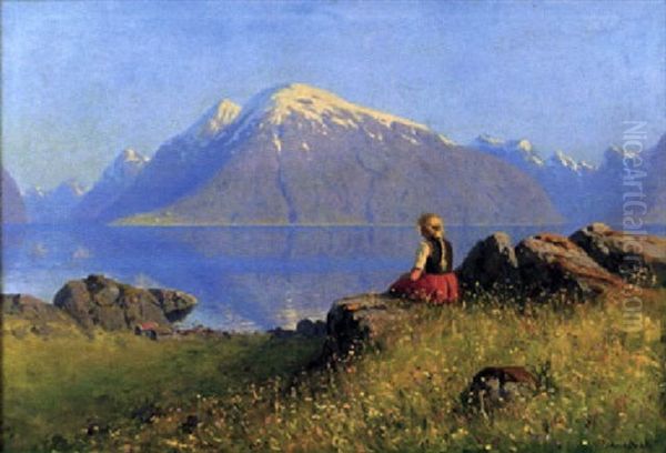 Utsikt Over Fjord, I Forgrunden Sittande Flicka Oil Painting by Hans Dahl