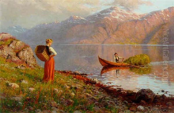 Sunlit Fjord With A Flowering Shore Oil Painting by Hans Dahl