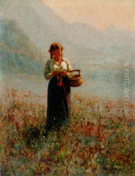 A Young Girl Knitting In A Fjord Landscape Oil Painting by Hans Dahl