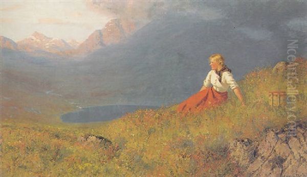 Girl Overlooking A Fjord Oil Painting by Hans Dahl