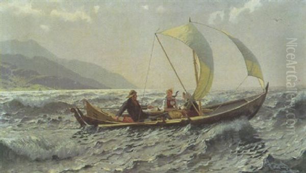 Fischer Mit Zwie Madchen Im Segelboot Auf Dem Fjord Oil Painting by Hans Dahl