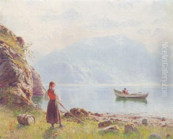 A Girl Beside A Fjord In A Summer Landscape by Hans Dahl