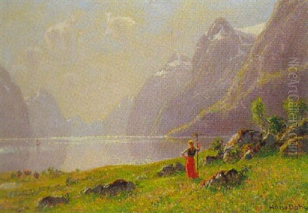 Madchen Am Norwegischen Fjord Oil Painting by Hans Dahl