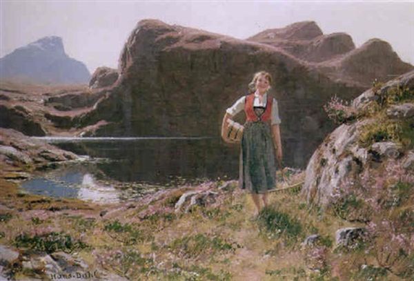 A Young Girl In A Fjord Landscape Oil Painting by Hans Dahl