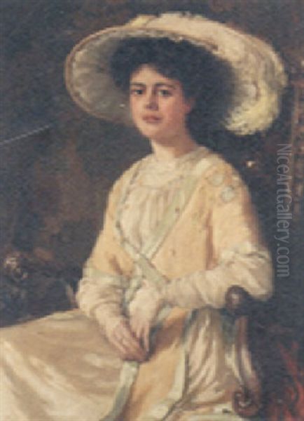 Portrait Of An Elegant Lady Wearing A Plumed Hat Oil Painting by Hans Dahl