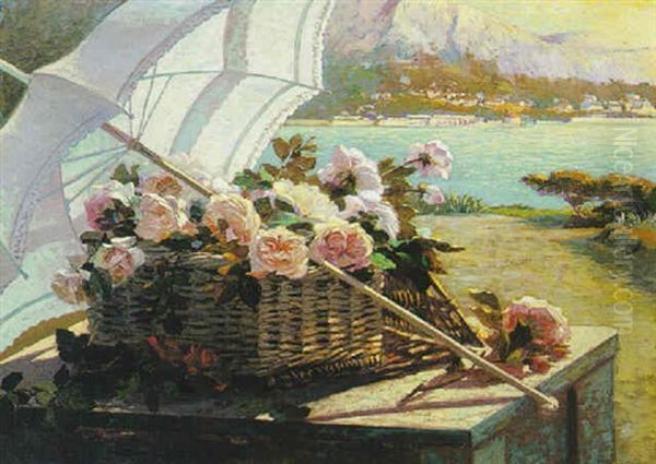 A Basket Of Roses Beneath A Parasol Oil Painting by Hans Dahl