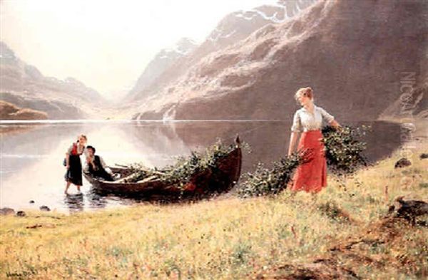 Norwegischer Fjord Mit Einem Boot Und Jungen Liebenden Oil Painting by Hans Dahl