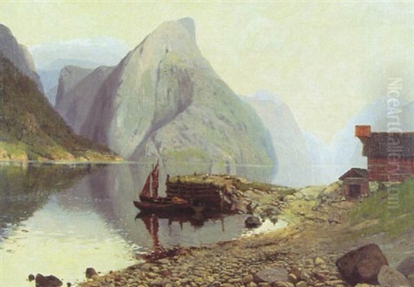 Fjordlandskap Med Rod Stuga Och Batar Oil Painting by Hans Dahl