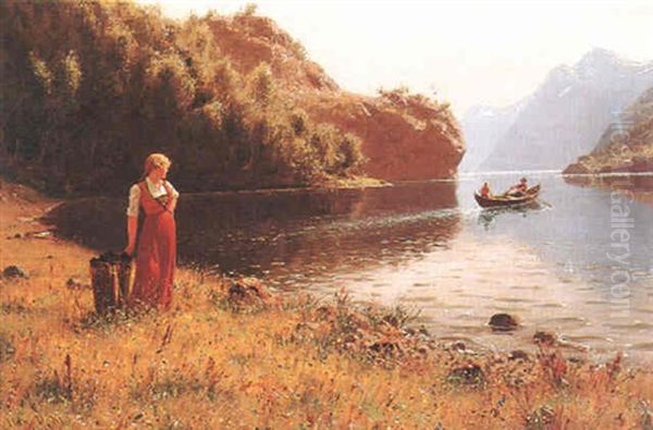 Madchen An Norwegischem Fjord Oil Painting by Hans Dahl