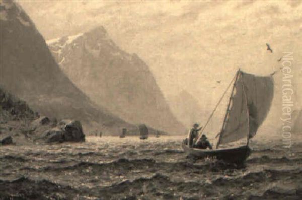 A Fjord Scene With Two Figures In A Sailing Dinghy Oil Painting by Hans Dahl