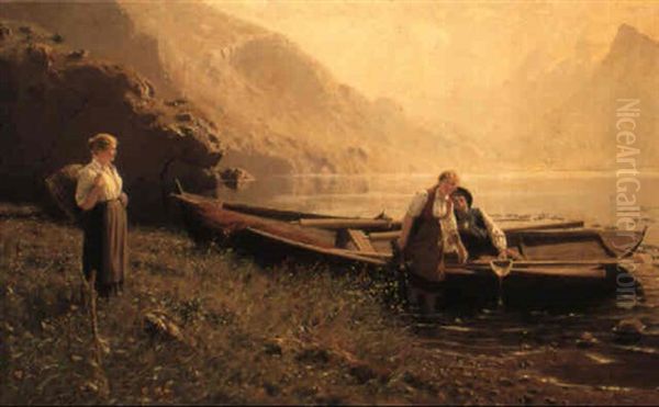 Flirtation At The Fjord Oil Painting by Hans Dahl