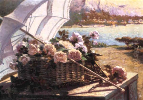 Kurv Med Roser Under En Parasol Pa Et Bord Oil Painting by Hans Dahl