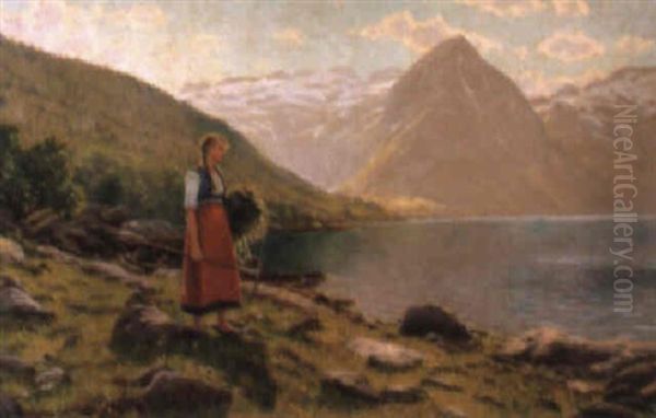 Harvesting Along The Fjord Oil Painting by Hans Dahl