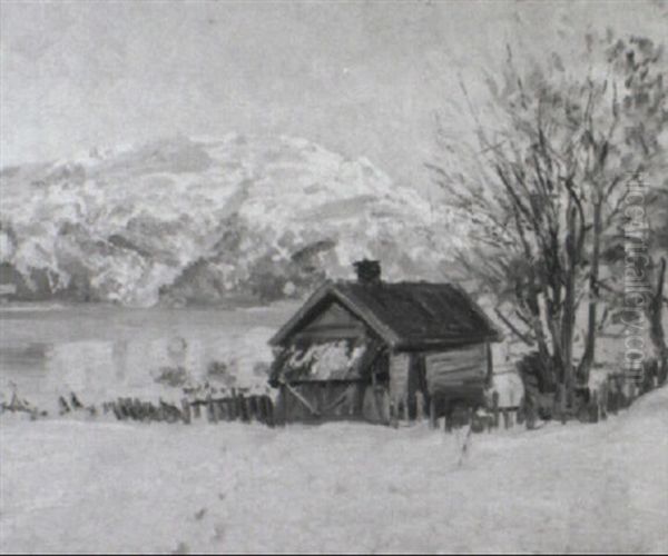 Cabin In The Snow Oil Painting by Hans Dahl