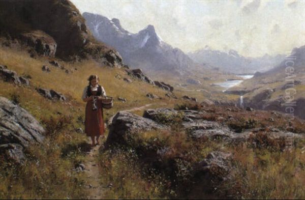 Knitting In A Norwegian Landscape Oil Painting by Hans Dahl