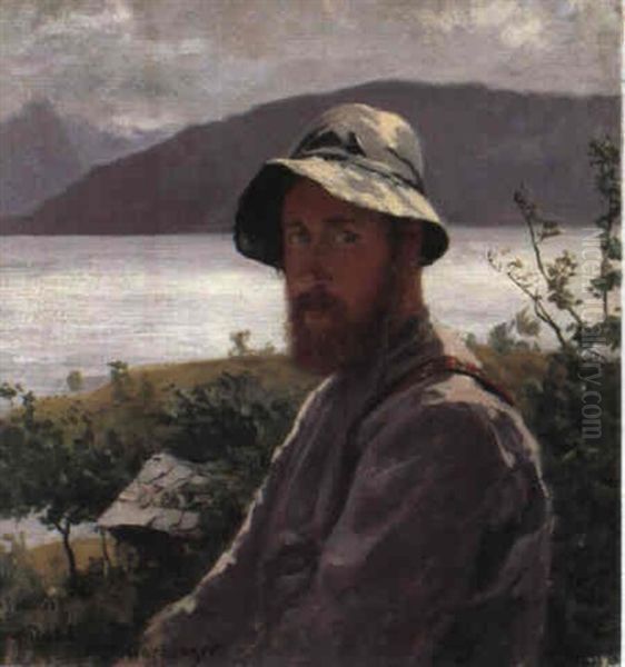 Portraet Af Thorbjorn Ome I Norsk Landskab Oil Painting by Hans Dahl