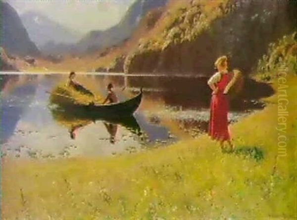 Norsk Fjordparti Med Ungt Par I En Bad Oil Painting by Hans Dahl