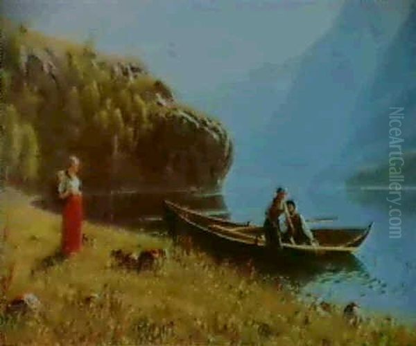 Mountainous Landscape Scene Depicting Three Figuers In      Foreground By A Norwegian Lake Oil Painting by Hans Dahl