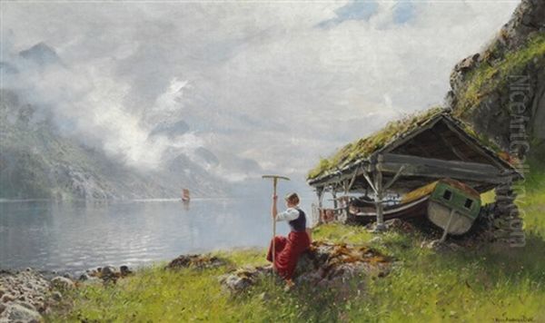 Norwegian Landscape With A Young Woman Overlooking The Fjord Oil Painting by Hans Andreas Dahl