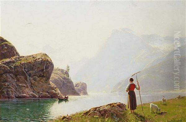 Farmers Wife On The Fjord Oil Painting by Hans Andreas Dahl