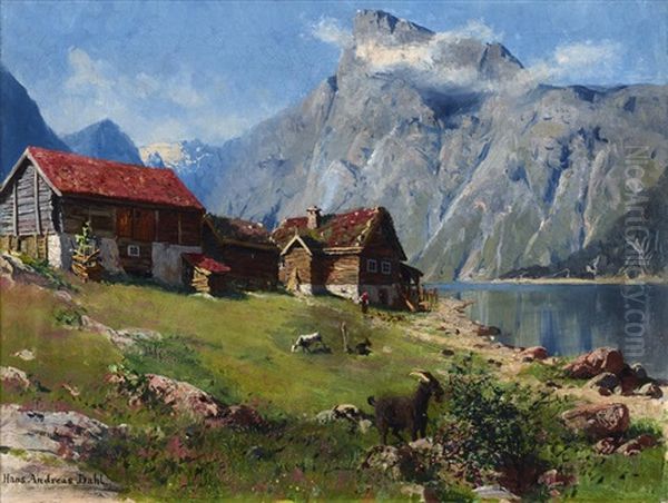 Norwegian Fjord With Goats Oil Painting by Hans Andreas Dahl