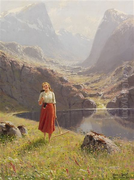 Sommer Am Norwegischen Fjord - Heimkehrendes Madchen Mit Rechen Und Kiepe Oil Painting by Hans Andreas Dahl