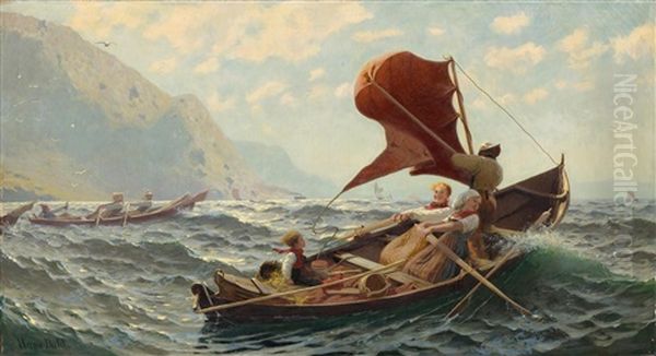 A Family Of Fishers On The High Sea Oil Painting by Hans Andreas Dahl