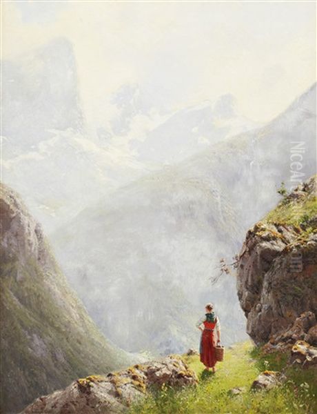 Admiring The Mountain View Oil Painting by Hans Andreas Dahl