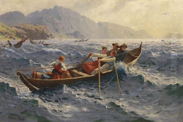 Sturmische Uberfahrt Am Fjord Oil Painting by Hans Andreas Dahl