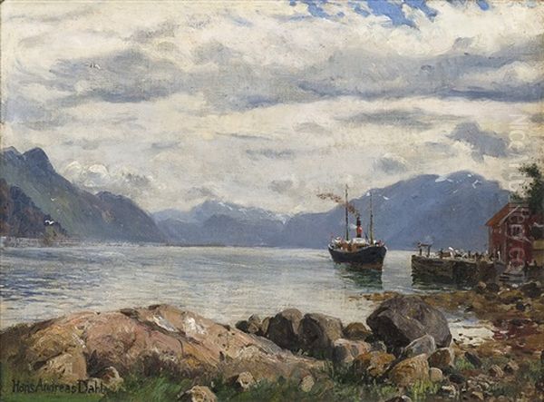 Fjordabaten Kommer Oil Painting by Hans Andreas Dahl