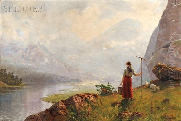 View With A Young Shepherdess On A Fjord Oil Painting by Hans Andreas Dahl