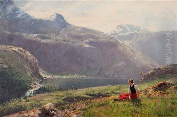 Young Girl In A Fjordlandscape Oil Painting by Hans Andreas Dahl