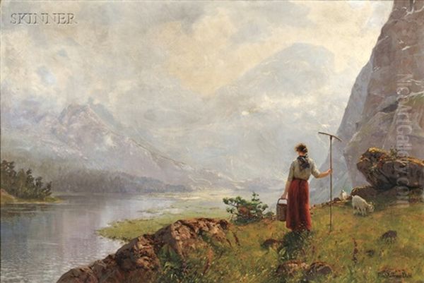 View With A Young Shepherdess On A Fjord Oil Painting by Hans Andreas Dahl