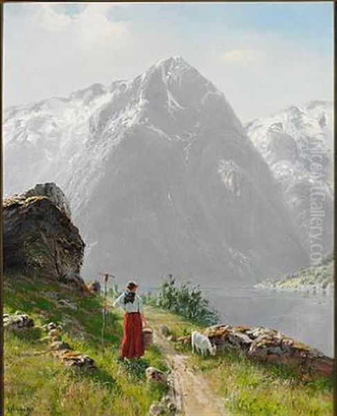 Norwegian Fjord Landscape With A Young Girl And A Goat, Summertime Oil Painting by Hans Andreas Dahl